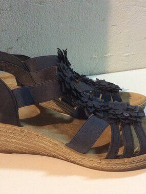 Rieker Antistress Blue Floral Leather Wedge Sandals - Size 38